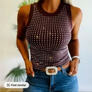 Studded Sleeveless Knit Tank Top - Brown